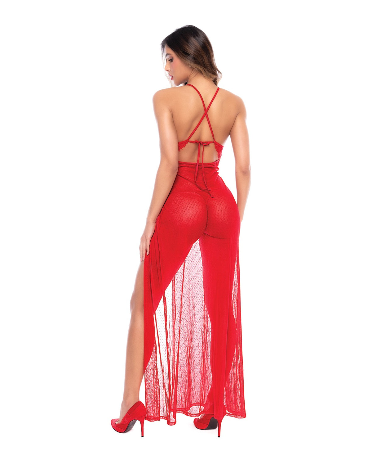Red Lace Plunge Neckline And Thong Maxi Lingerie Dress Size L Xl