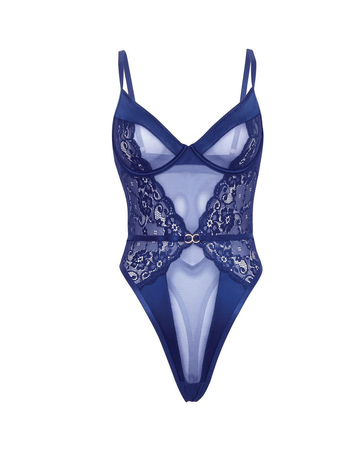 Granatowe body teddy Doreen z koronki i siateczki, bez podszewki, z fiszbinami i pierścieniami, rozmiar L XL