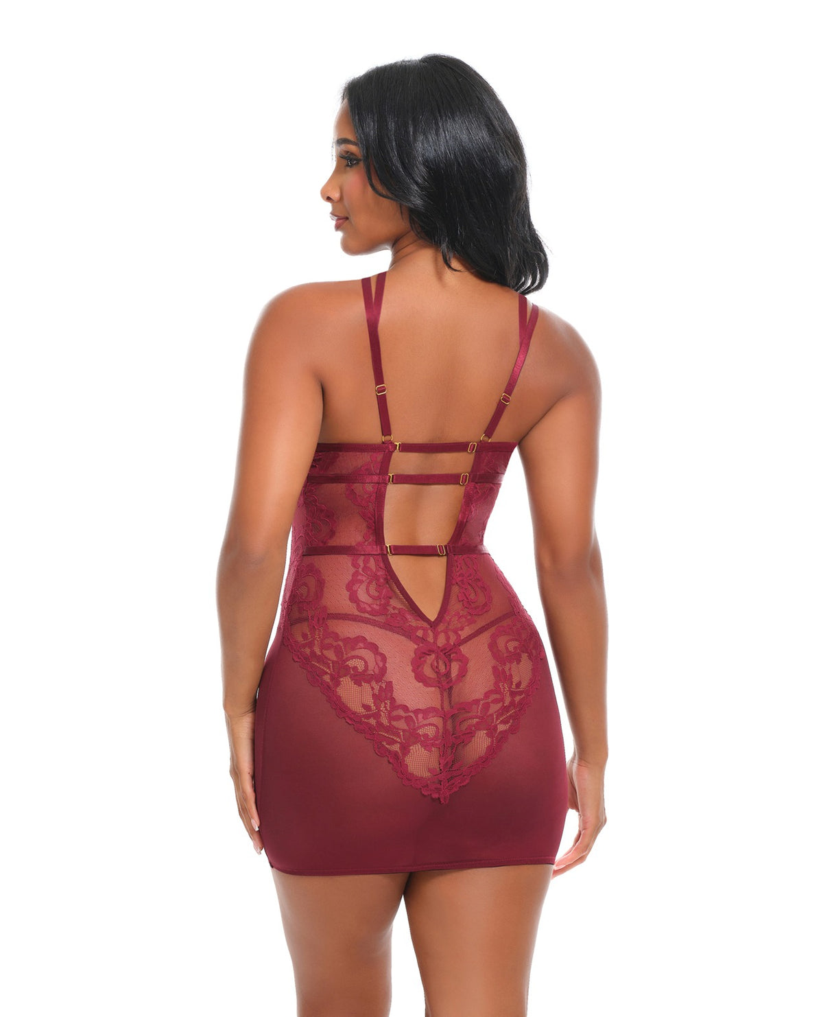 Marisol ungefüttertes Spitzen- und Mesh-Babydoll-Nachtwäsche-Set mit Bügeln, Zinfandel, Größe M