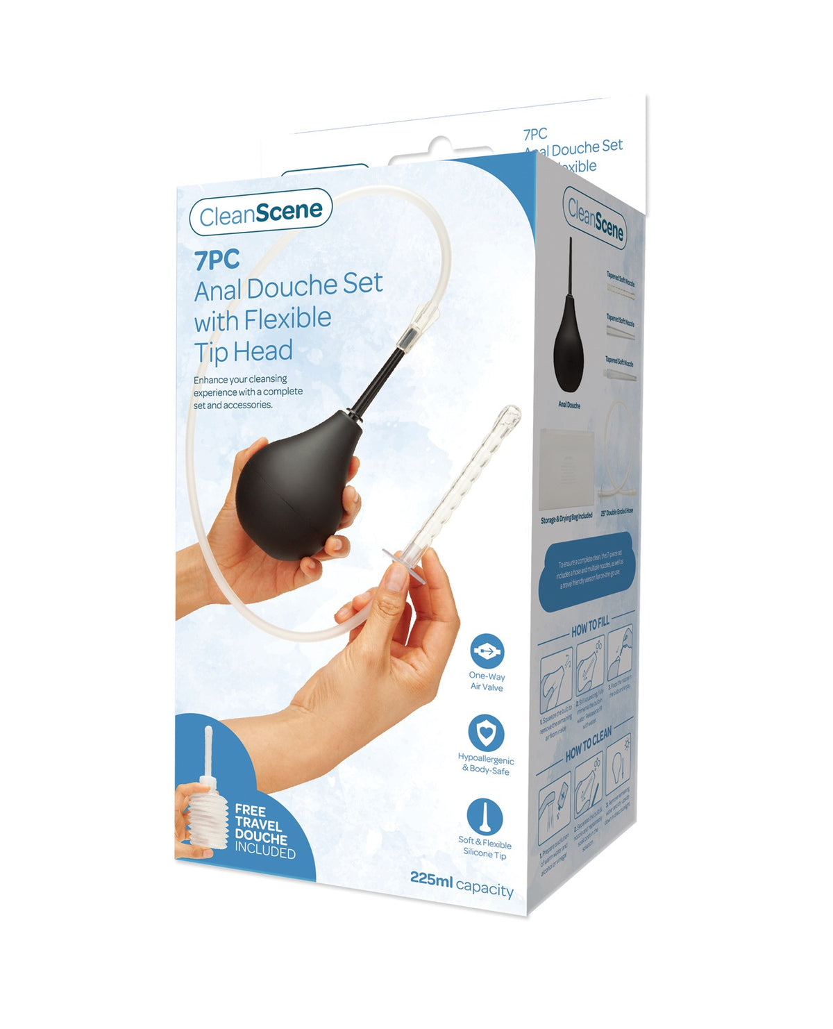 AquaClean 4-delt analdusjsæt med fleksibel spids og rejsepumpe