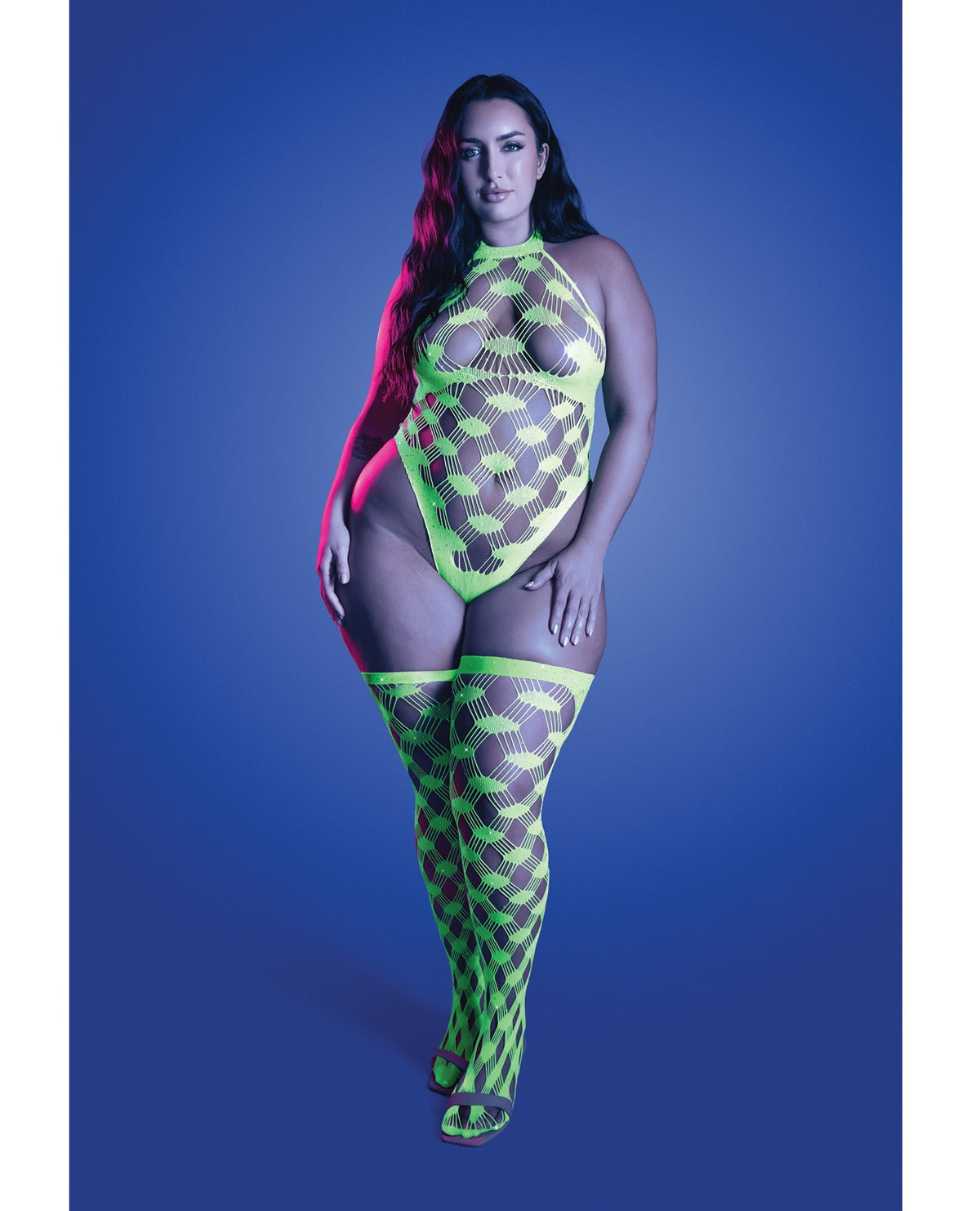 Ensemble grande taille avec teddy dos nu vert néon et bas résille à strass géométriques
