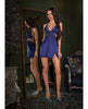 Charger l'image dans la visionneuse de la galerie, Nuisette en dentelle extensible métallisée et satin, taille ouverte, dos ouvert, bleu marine
