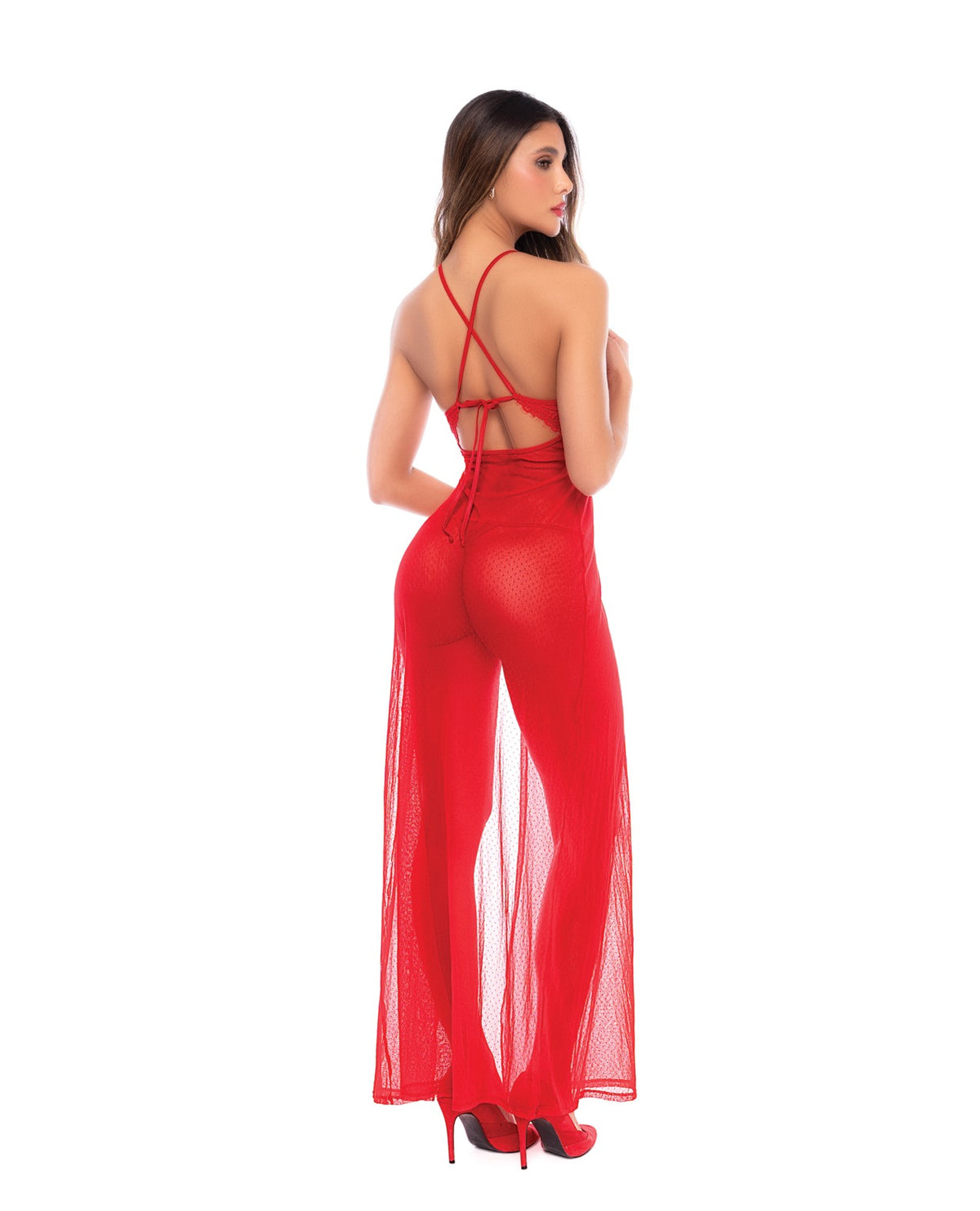 Red Lace Plunge Neckline And Thong Maxi Lingerie Dress Size L Xl