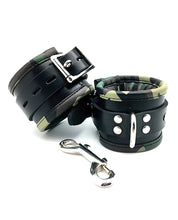 Load image into Gallery viewer, Camo Piped Leather Ankle Cuffs with Locking Option Set
