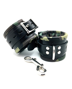 Camo-Piped Leather Padded Wrist Restraints with Duo Carabiner