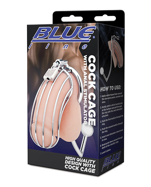 Silver Cock Cage with Anal Stimulator Blue Line Edition