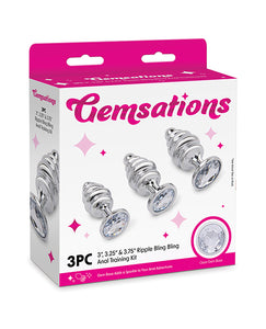 Gemsations 3 peças 2,95" e 3,25" e 3,7" Ripple Bling Bling Metal Butt Plug Conjunto de treinamento - prata