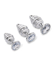 Load image into Gallery viewer, Gemsations 3 pc 2.95&quot; &amp; 3.25&quot; &amp; 3.7&quot; Ripple Bling Bling Metal Butt Plug Training Set - Silver
