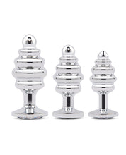 Load image into Gallery viewer, Gemsations 3 pc 2.95&quot; &amp; 3.25&quot; &amp; 3.7&quot; Ripple Bling Bling Metal Butt Plug Training Set - Silver
