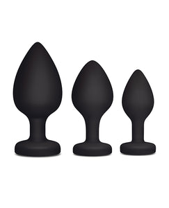 Gemsations 3 pc 2.75" & 3.15" & 3.7" Silicone Bling Bling Heart Butt Plug Training Set - Black