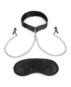 Justerbar Lux Fetish-halsband med bröstvårtsklämmor och ögonbindel