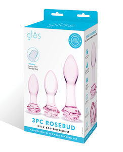 Glas 3 stk Rosebud Butt Plug Sæt - Pink