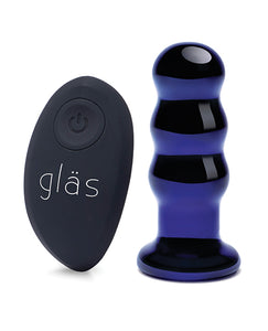 Glas 3,5" genopladeligt vibrerende perler Butt Plug - Blå