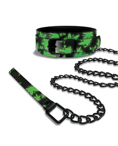 Collier et laisse BDSM phosphorescents sur le thème du cannabis