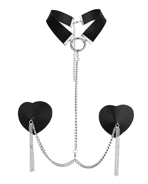 Conjunto de Coleira de Couro Dominatrix e Pasties com Corrente Nipplicious Preto