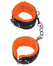 Load image into Gallery viewer, Faux-Fur Lined Orange Restraint Cuffs with Metal Chains
