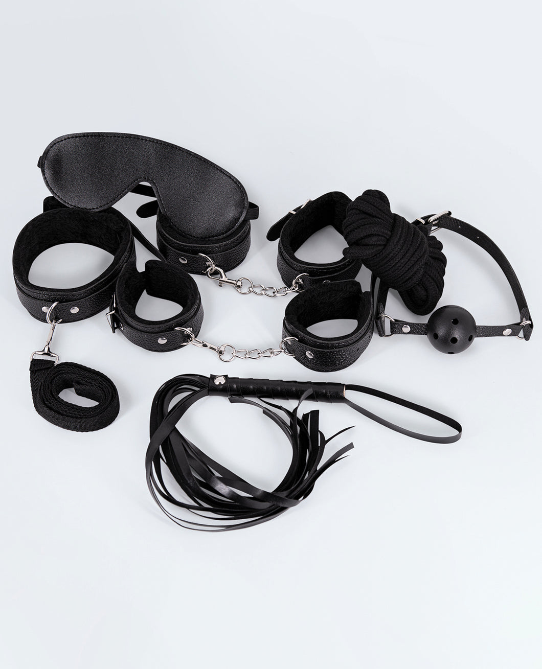 Kit de bondage en simili cuir séduisant de 7 pièces - Noir