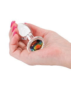 Crystal Desires Glas-Analplug mit rundem Edelstein – Regenbogen