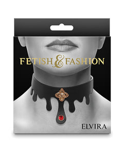 Seductive Elvira Bondage Collar Black with Ruby Charm