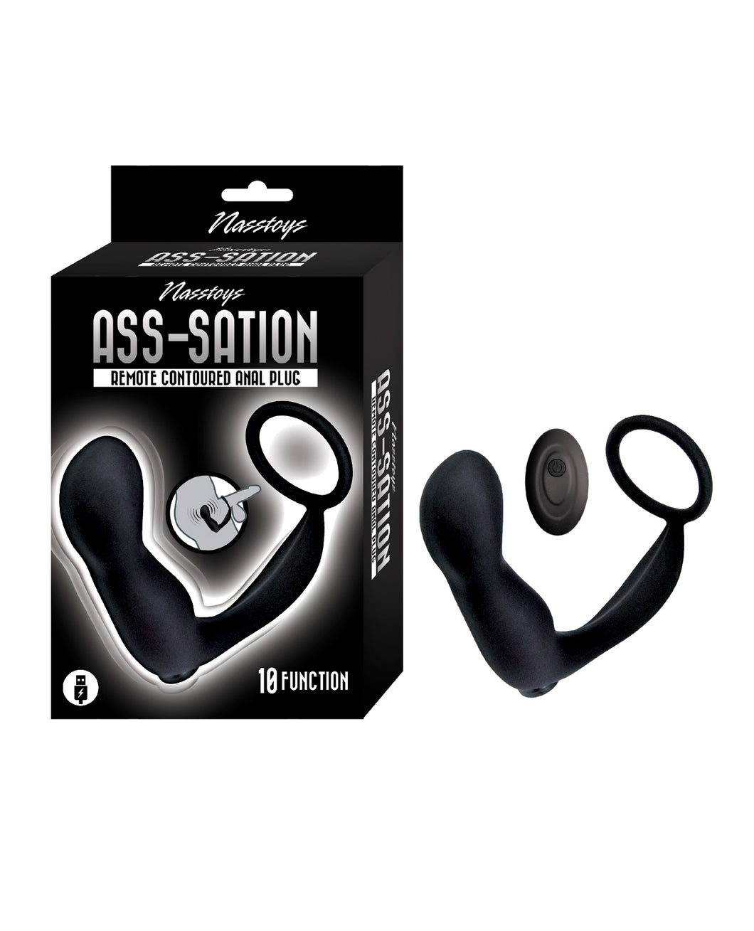 Plug anal contourné Ass-station avec télécommande - Noir