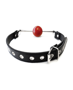 Gag en cuir rouge et noir avec boule en caoutchouc amovible