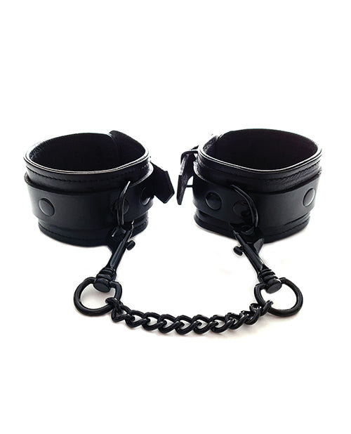 Black On Black Leather Wrist Cuffs With Chain For Style