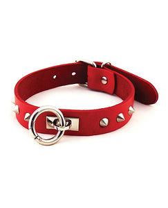 Studded Leather O-Ring Collar in Rouge for Bold Style