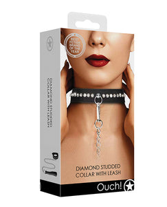 Collar y correa de BDSM negra con diamantes