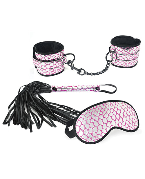 Spartacus Pink Faux Leather Bondage Kit with Wrist Restraints, Blindfold & Flogger