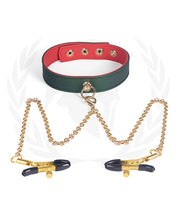 Lataa kuva gallerian katseluohjelmaan, Spartacus Green PU Collar with Red Lining and Nipple Clamps
