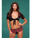 Schoolgirl Lace Ensemble with Tie & Skirt in Black/Red M/L