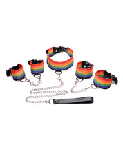 Load image into Gallery viewer, Vibrant Kinky Pride Bondage Kit Rainbow Cuffs Collar Leash
