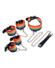 Încărcați imaginea în vizualizatorul Galerie, Set de bondage Vibrant Kinky Pride, manșete, zgardă, lesă cu curcubeu
