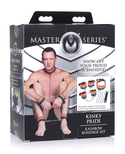 Kit de bondage Kinky Pride vibrant avec menottes, collier et laisse arc-en-ciel