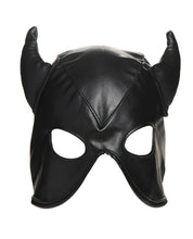 Load image into Gallery viewer, Horned Demon Bondage Hood - Black PU Leather Costume Accessory
