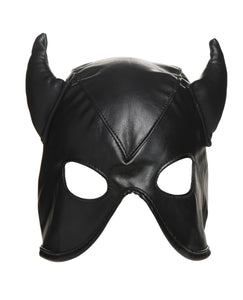 Horned Demon Bondage Hood - Svart PU-läder Kostymtillbehör