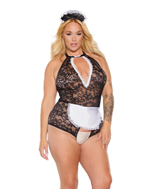 Scallop Stretch Lace Crotchless Maid Teddy w/Headpiece
