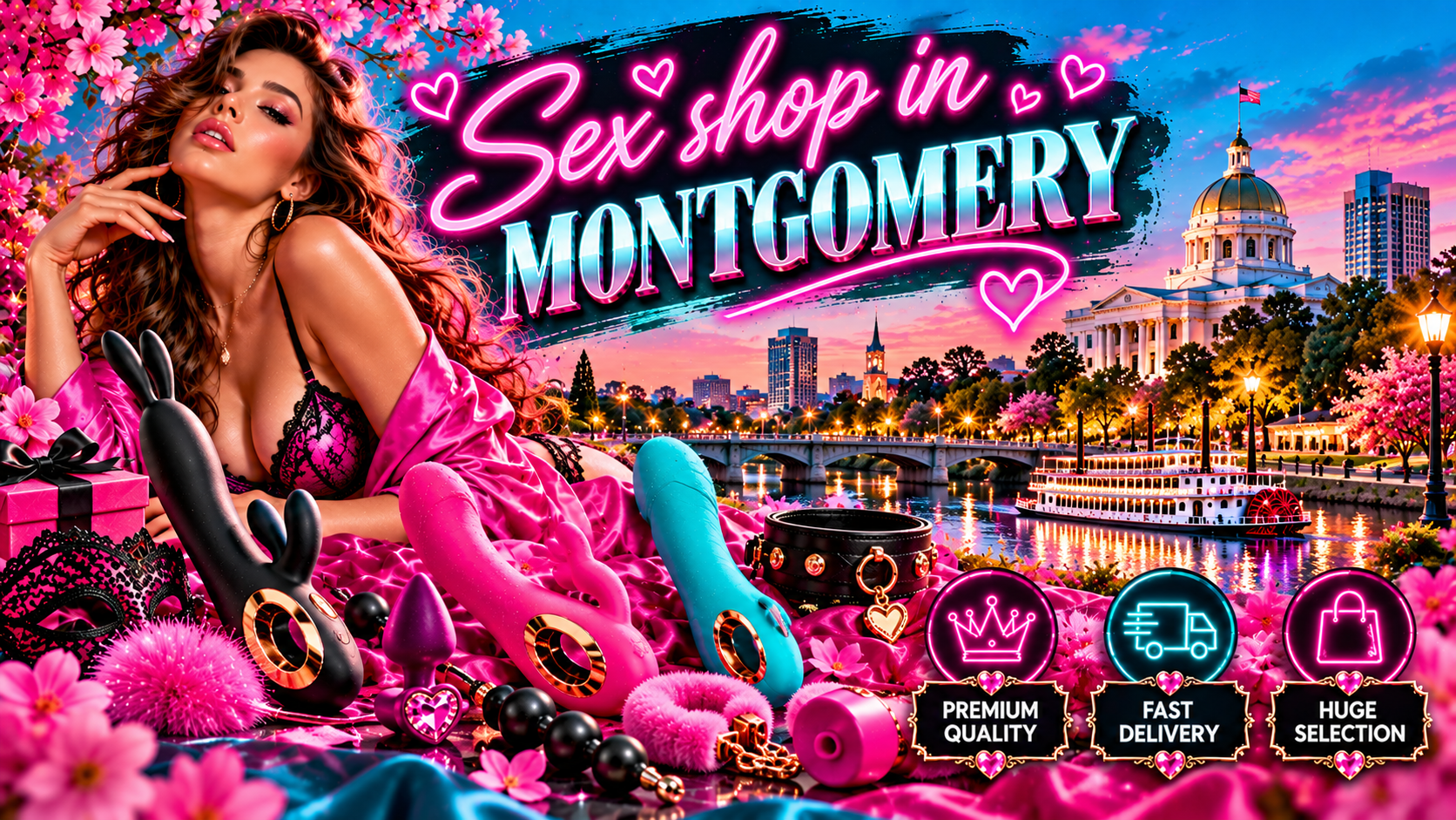 Woman in pink lingerie with colorful adult toys, neon signage, flowers, and Montgomery's Capitol building at sunset.