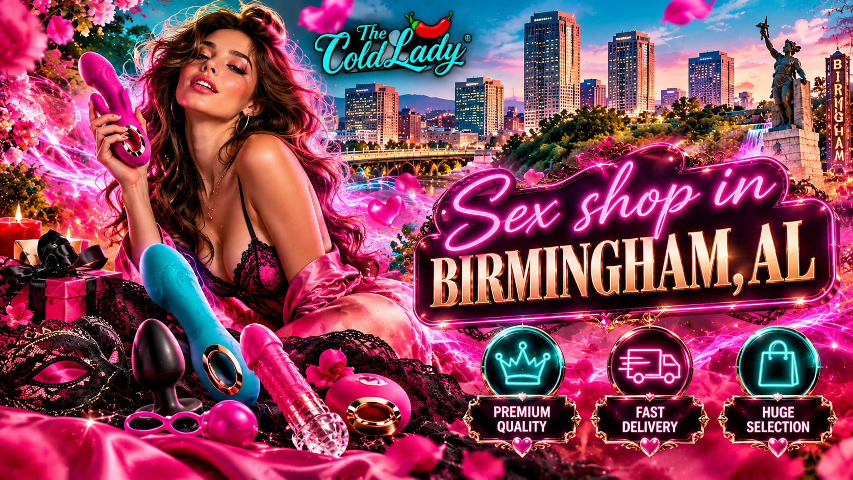 Neon pink banner with a woman holding an adult toy, Birmingham skyline, colorful accessories, and three service icons.