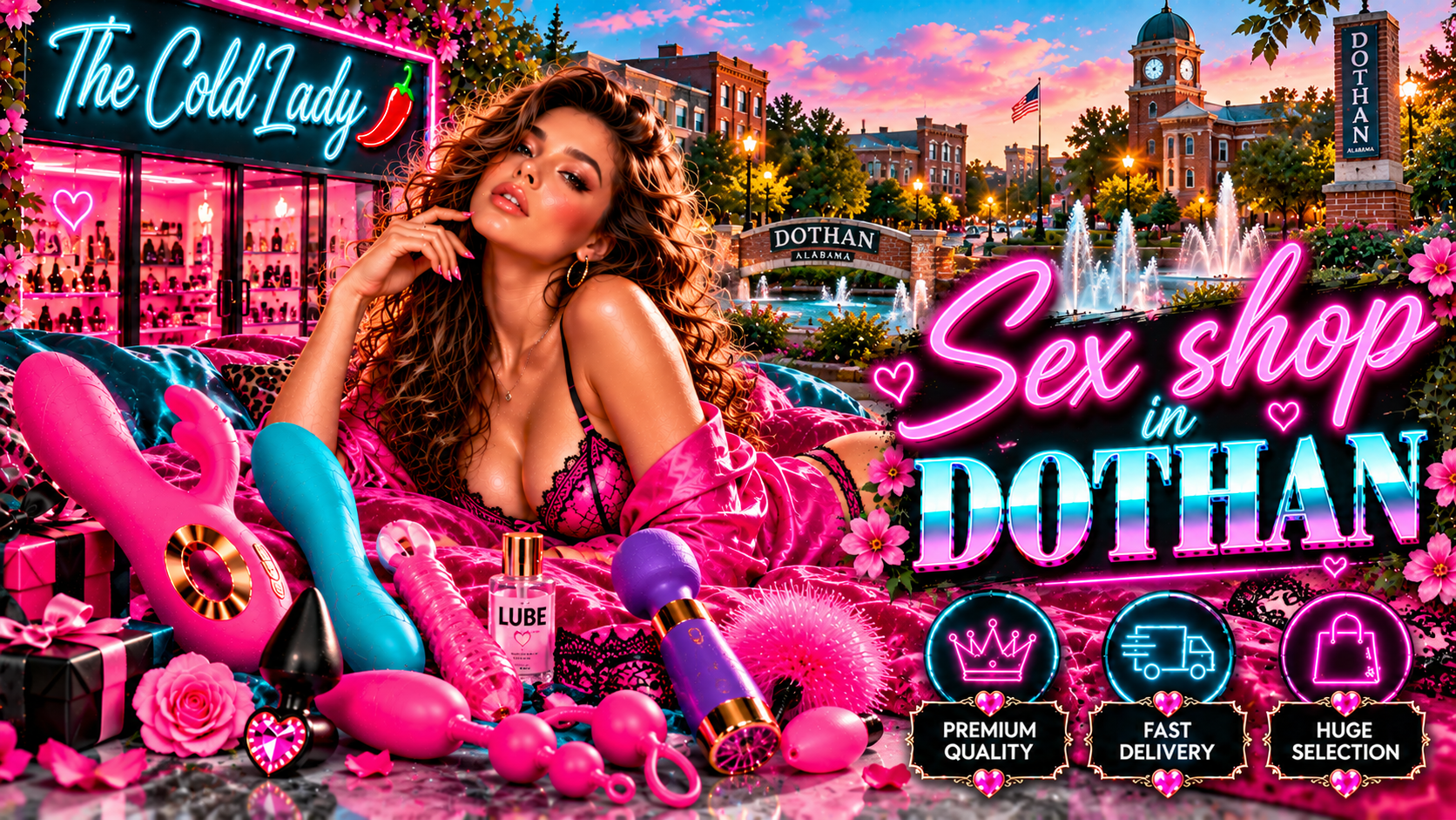 Woman in pink lingerie beside colorful adult toys and neon signage, with Dothan's downtown landmarks at sunset.