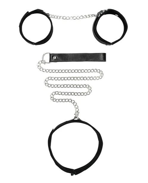 Shots Ouch Black & White Velcro Collar w/Leash & Hand Cuffs