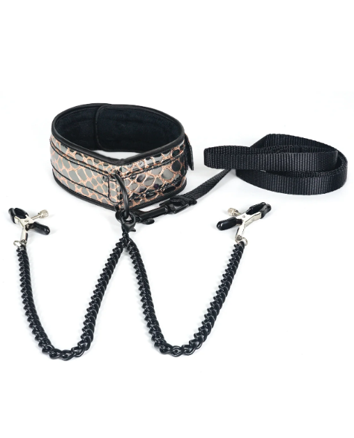 Spartacus Faux Leather Collar & Leash w/Black Nipple Clamps