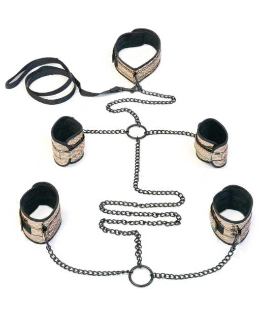 Spartacus Faux Leather Collar to Wrist & Ankle Restraints Bondage Kit w/Leash