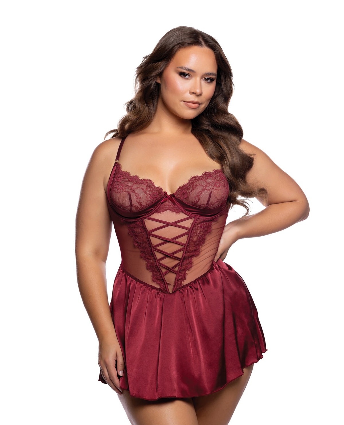 Wine Lace And Satin Crisscross Babydoll Nightwear Plus Size 2X