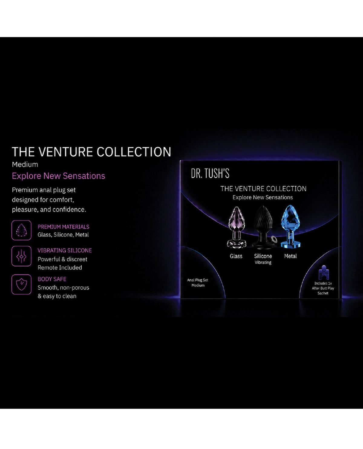 Dr Tushs Venture Collection 3 Piece Medium Anal Plug Set Glass Metal Silicone