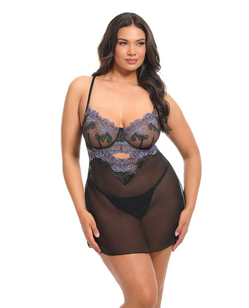 Charger l'image dans la visionneuse de la galerie, Ensemble pour femme ronde avec babydoll transparent brodé de fleurs à armatures et string
