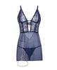 Charger l'image dans la visionneuse de la galerie, Ensemble de lingerie babydoll bleu marine à fleurs brodées, décolleté en V plongeant et jarretières à chaînes

