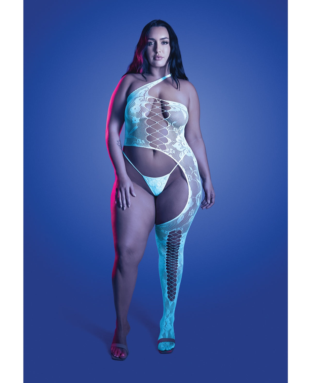 Bodystocking e perizoma in maglia floreale, lingerie blu fosforescente, taglia Qn