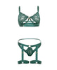 Cargue la imagen en el visor de la galería, Conjunto de sujetador verde Darlene sin forro y con aro de soporte, de encaje, con panty de liguero y tirantes
