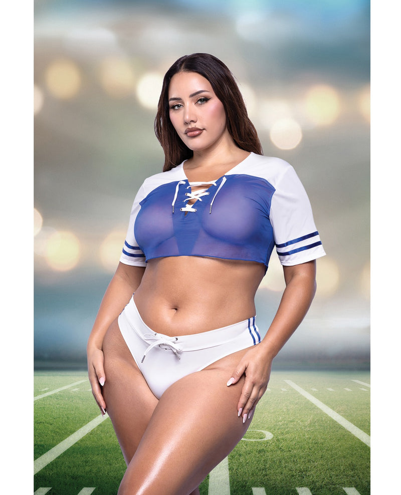 Carregar imagem no visualizador da Galeria, Top cropped de malha jersey transparente com amarração de renda e calcinha atrevida combinando - azul
